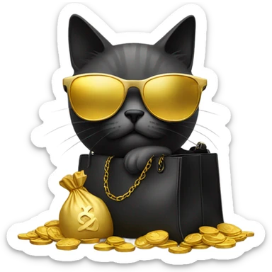 cat in brutal dark glasses with a bag of gold coins sticker