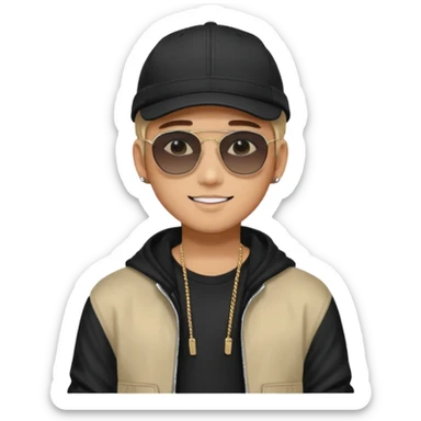 Portrait of a male K-pop idol, wearing a stylish streetwear outfit with layered clothing, makeup, wearing a black cap, happy, sunglasses sticker