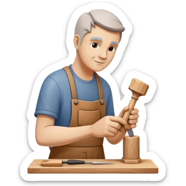 Wood sculptor master carving a wooden sculpture, chisel and mallet in hand, carved wooden figure in progress, natural wood texture, minimalistic style, clean lines, transparent background. sticker