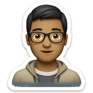 Create a boy with the following attributes:  Short black hair Wearing glasses Using a Mac with macOS sticker