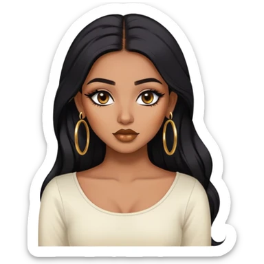 indian girl, brown skin, long black voluminous hair, brown underneath colored hair, baddie,pretty, makeup, lipliner, black eyeliner, gold hoop earrings, white top sticker