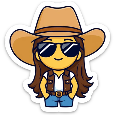 Girl emoji with long brown hair wearing a cowboy hat and sunglasses sticker