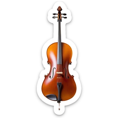 Create a refined and detailed emoji representing a Cremona 4/3F 4/4 cello with a bow. The design should feature the smooth, polished wooden body of the cello with a deep, rich tone color. The strings and tuning pegs should be visible, emphasizing the instrument's fine craftsmanship. Add a delicate bow placed gently across the strings, with intricate detailing on the hair and frog. Include subtle musical notes around the cello to evoke the graceful, classical sound. Use warm wood tones and accents like gold and silver for a professional, elegant look. The background should be transparent. sticker