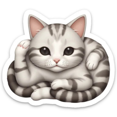grey and white small cat with eyes closed lying down upside down with its paws/arms tightly covering its own face sticker