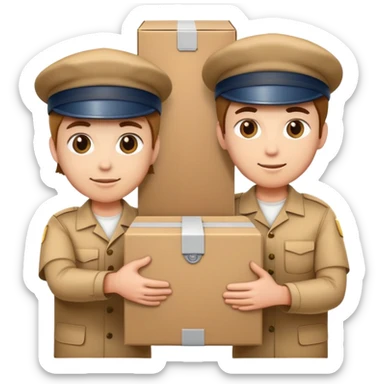 two workers in caps and uniforms holding a large box together sticker