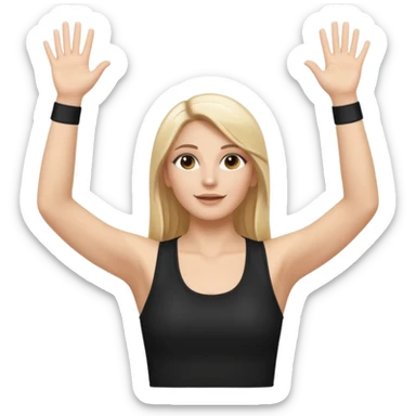 I want a white female dj animated gif emoji with long straight centre parting blonde hair, brown eye brows and putting hands up in the air. Wearing a black tight top with no sleeve sticker
