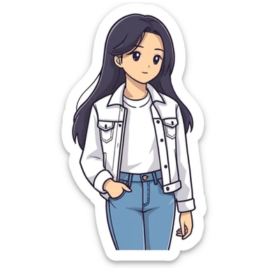 A girl with long hair that’s dark and she has a white shirt and a jacket and denim jeans sticker