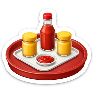 a small tray have 2 sides, ketchup and mustard sticker