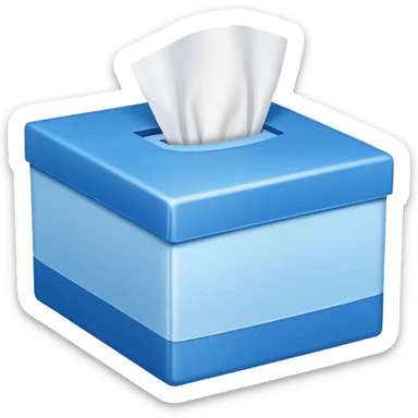 blue box with tissue emoji." It’s a simple design featuring a blue rectangular box with a single white tissue protruding from the top, often used to represent tissues, colds, or emotional moments like crying. sticker