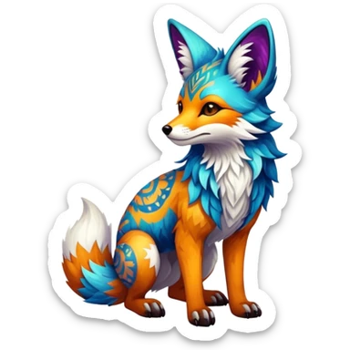 Epic Feral Rare Fantasy shiny cool fluffy Vernid-Trico-Fox-species-hybrid-animal by LiLaiRa, tribal-Art-tattoo-patterns , tufted ears, full body sticker