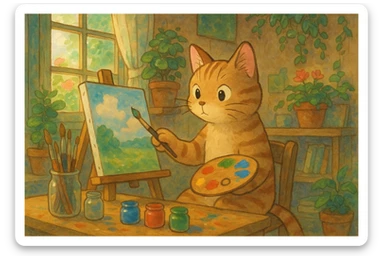 cat painting on a canvas, ghibli-inspired style sticker