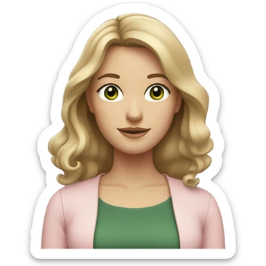 A young women with shoulder length slightly wavy dark blonde hair, dark green eyes wearing a light pink blouse  sticker
