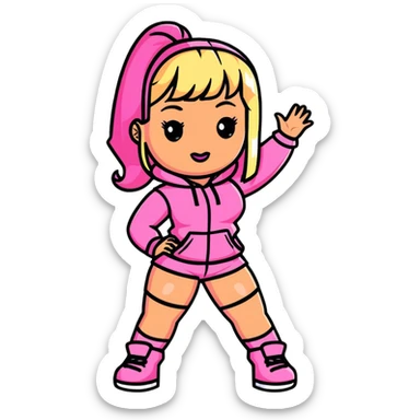Nicki Minaj wearing a pink outfit with blonde and pink hair sticker