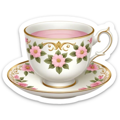 White teacup with baby pink floral antique print with gold accents  sticker