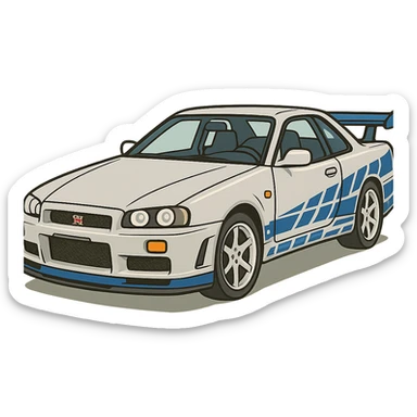 Brian's Nissan Skyline GTR R34 from Fast and Furious, cartoon style, chrome body with blue stickers, car alone sticker