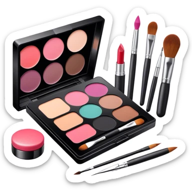 icon featuring professional makeup brushes, a high-quality lipstick, a sleek eyeshadow palette, a makeup sponge and a set of tools like tweezers and eyeliner pencil. The design highlights the precision and artistry of makeup with detailed textures and realistic lighting. Transparent background. sticker