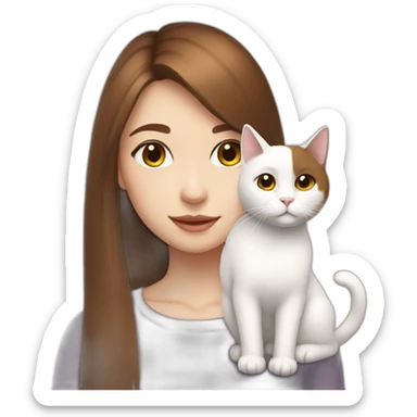 A girl with brown straight hair and on her left shoulder and neck lies a white fluffy cat with eyes of different colors sticker