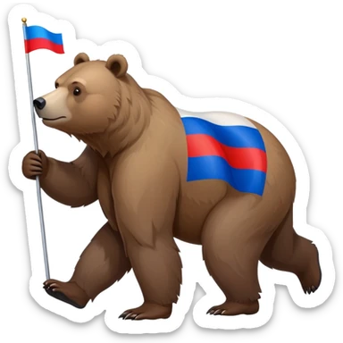 Light brown grizzly bear walking on four paws with small Russian flag (white, blue, red) on its back, realistic features sticker
