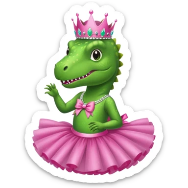 Trex wearing a tutu, tiara, and a pink glittery bow sticker
