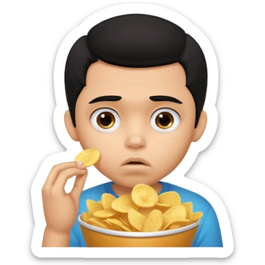 a PRETTY BRATZ boy with black hair, stuffing his face with chips and looking sad sticker