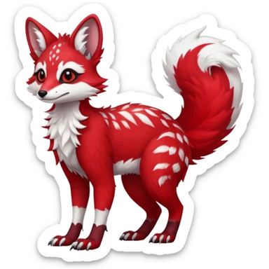 Feral Rare Fantasy   bright cherry-red fur with clean snow-white chest and muzzle Vernid-Sergal-Genet-Trico-species by LiLaiRa, random markings, tufted tail, tufted ears, full body sticker