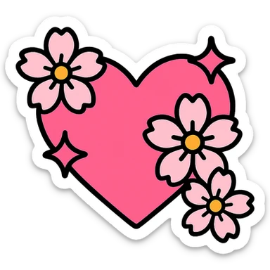 heart with sakura flowers and pink shimmer, color outline icon style sticker