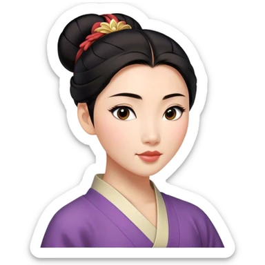 Cinematic Realistic Serene Mulan Portrait, showing Mulan (chest and above) with radiant, smooth skin and delicately detailed dark hair swept back in a neat bun. Her gentle, reflective expression is captured with soft natural lighting that highlights the nuanced textures of her features and traditional attire in muted hues. The composition glows with an inviting, natural radiance and subtle shadows, evoking a calm and introspective mood that speaks of quiet strength and enduring beauty. sticker