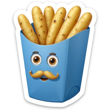 long slim fried potatoes in a blue carton, carton has eyes and mustache sticker