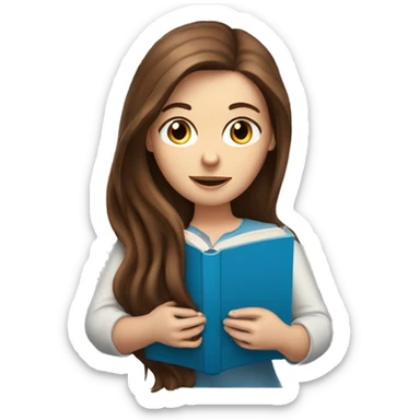 White woman with long brown hair and blue eyes reading a book sticker