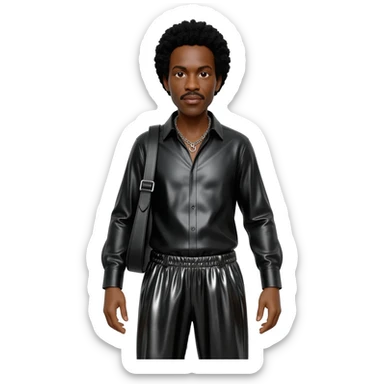 Ike Turner with black hair, black metallic shirt, black metallic baggy pants, silver necklace sticker