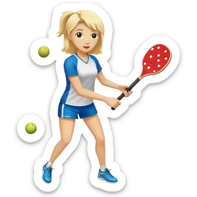 Woman with blond hair playing pickleball with a Selkirk paddle with no holes in paddle sticker