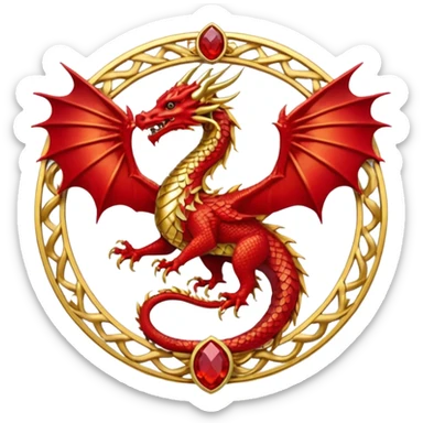 Golden Dragon with wings crest/brosch in a circle with red gems sticker