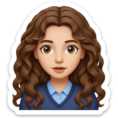 She has long, brown hair styled in soft wavy curls with a middle part. She has well-shaped eyebrows and dark brown eyes. She is wearing light makeup that highlights her natural beauty and is offering a slight smile to the camera. She is surprise sticker