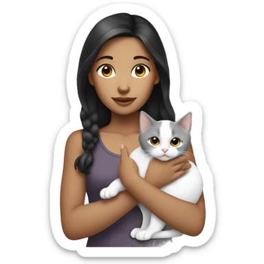 A dark-haired girl is holding a gray white kitten sticker