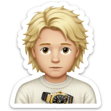 Create a look for a blond boy with long, tousled hair, light eyes, a white sweater, a wealthy appearance, blue eyes, and accessories like a Rolex or Cartier watch, and a cute face with messy hair down. sticker