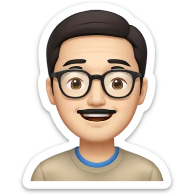 _cinematic-realistic-portrait-of-asian man,-depicted-with--large-rectangular-glasses,-his-happy-expression-rendered-in-lifelike-detail,-illuminated-with-soft,-realistic-lighting-that-emphasizes-his-creative-genius, his eyes shut  and big bushy black eyebrows sticker