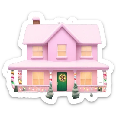Pastel pink Christmas house with Christmas lights and evergreen trees sticker