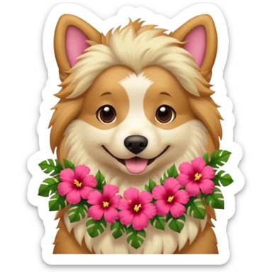 A fluffy dog wearing a bright hibiscus lei, wagging happily. sticker