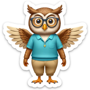 friendly anthropomorphised owl with wings instead of arms, colourful pants and shirt, wearing glasses, walking upright, unique pose 1 sticker