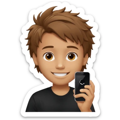 generate a pretty tan bratz boy with brown messy hair smiling while talking on call. Wearing a black tshirt sticker