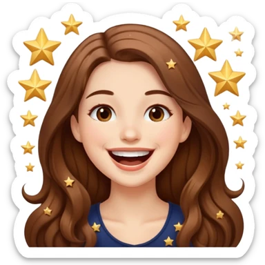 woman with long brown hair laughing with stars and sparkles, light beige sticker