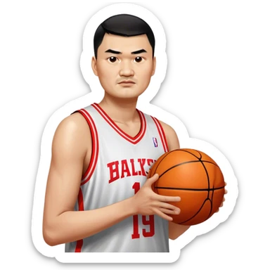Yao Ming – Cinematic Realistic Portrait of Yao Ming, depicted as a towering basketball icon in a modern uniform, with a gentle yet determined expression and dynamic arena lighting that highlights his immense stature and graceful athleticism. sticker