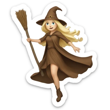 Blonde white witch in brown dress flying on broom sticker