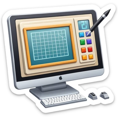 Professional icon for Game Design: computer screen with game interface, 3D models, pixel art, and design tools like grid, wireframe, and stylus. Symbolizes the technical and creative process of game development. Transparent background. sticker