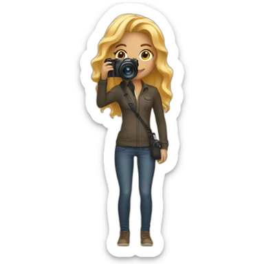 light skin women photographer with honey colored blonde hair holding a camera canon sticker