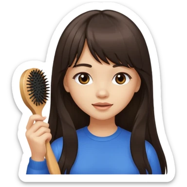 a girl with light skin and dark brown long hair with bangs who is brushing her hair sticker
