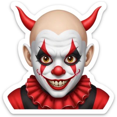 Crea un payaso que tenga toda la parte de la cara pintada de blanco que también de blanco esté la calva que no tenga pelo que tenga unas orejas como de duende, unos dientes picudos, unos cuernos de color negro y un traje de payaso rojo con negro sticker