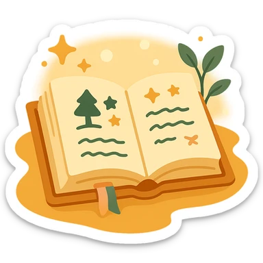 A cute open book lying on a cozy surface, designed in a soft and magical color palette: golden orange (FA9B41), deep forest green (4A7C5C), warm taupe brown (96775A), and pastel peach (FFCC9A). The pages are slightly aged with gentle curves, featuring whimsical illustrations, tiny stars, and elegant handwritten text. The book cover, visible beneath the open pages, has decorative patterns and a ribbon bookmark in peach and green tones. Around the book, add soft light, a few leaves, or glowing sparkles, creating a dreamy, enchanted, storybook-like atmosphere. The overall mood is warm, magical, and gentle sticker