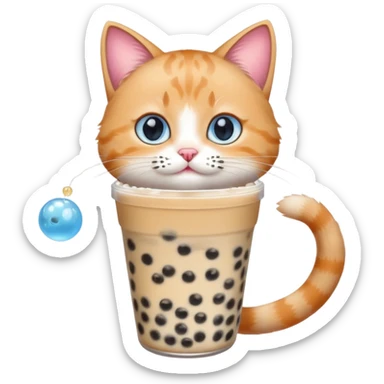 cat drinking bubble tea, cat with boba pearls on whiskers, blue background sticker