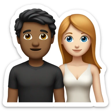 a married couple standing beside eachother, one has pale skin and long straight ginger hair with bangs and blue eyes, the other person is a man that is mexican and has tan skin and straight chin length black hair with brown eyes sticker